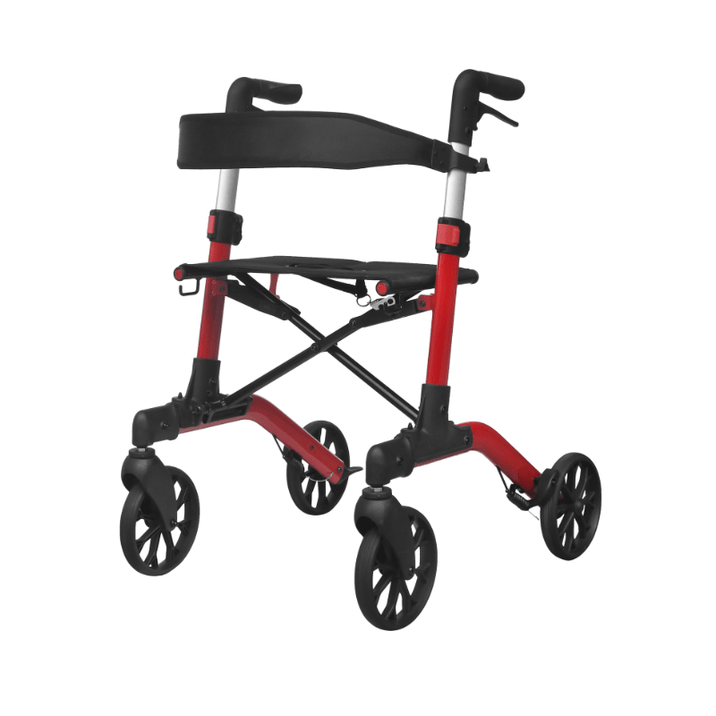 Rød Mambo rollator set fra siden uden taske, der viser det krydsende stel under sædet