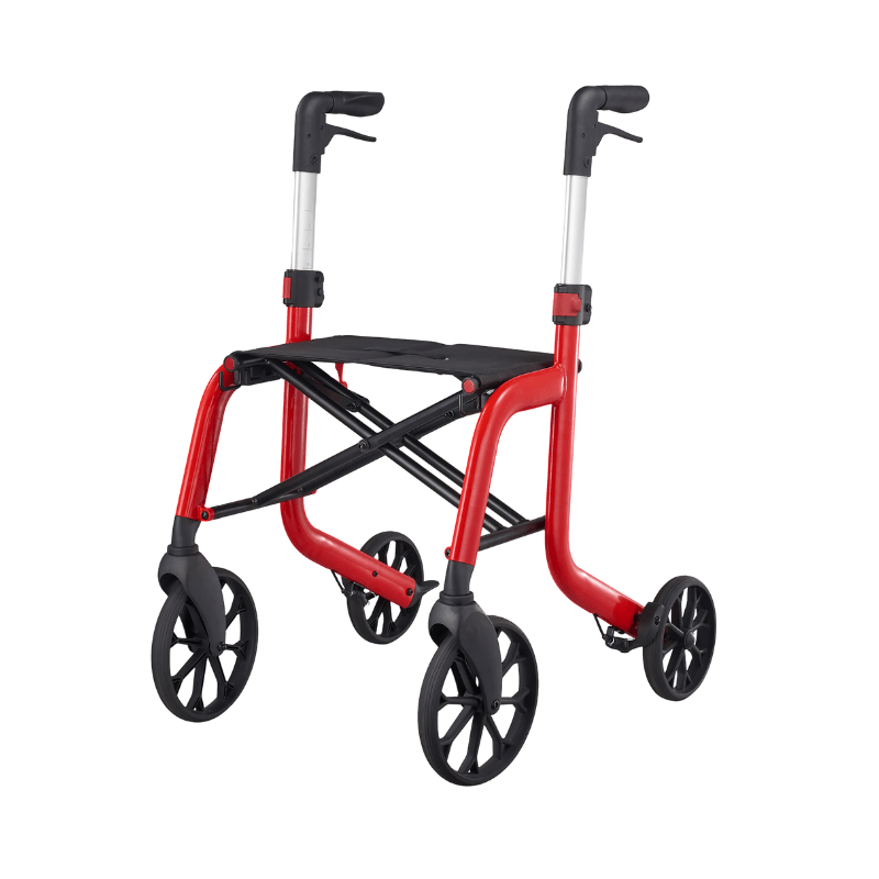 Letvægts rød Samba rollator med sort sæde, set forfra og uden tilbehør