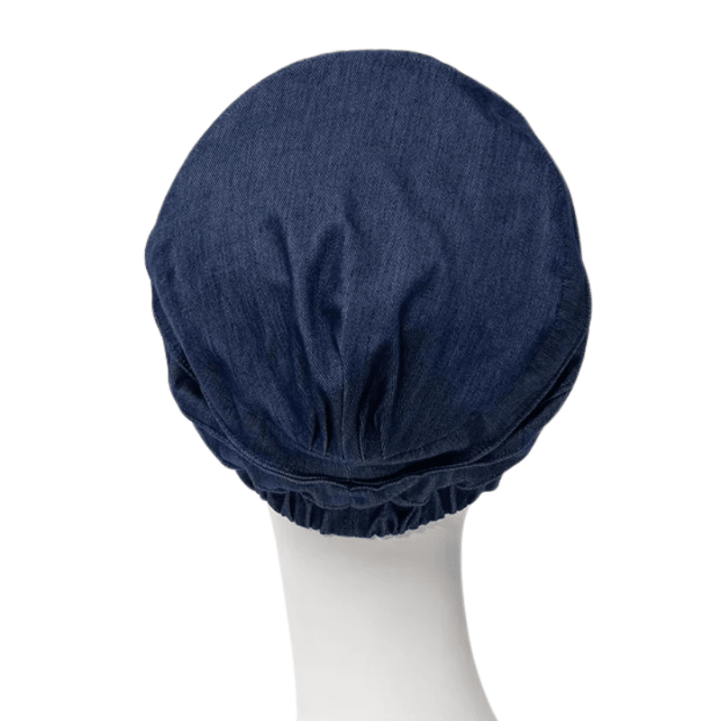 Bagside af mørkeblå Christine Headwear Yoga turban i denimstof på mannequin, med rynket kant