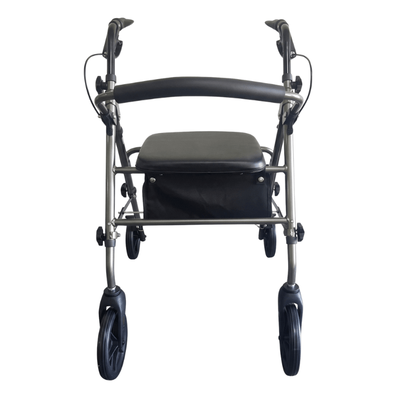 Ibis rollator i grå set direkte forfra med sort polstret sæde og rygbøjle