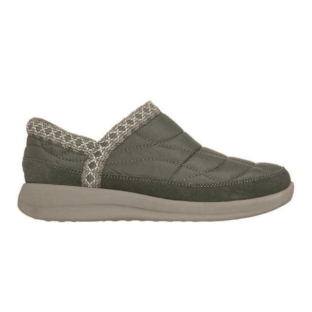 Olivengrøn Skechers fritidssko til damer set fra siden med quiltet overdel og strikket kant