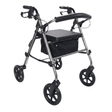 Grå Ibis rollator set skråt forfra med polstret sæde, rygbøjle og tekstilkurv