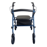 Blå Ibis rollator set direkte forfra, med ergonomiske håndtag, polstret sæde og rygbøjle