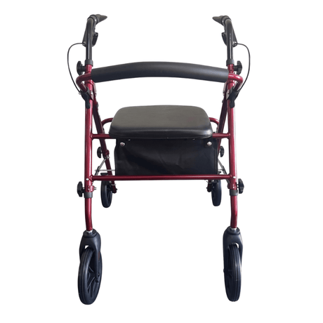 Rød Ibis rollator set lige forfra med sort sæde, ryglæn og håndtag