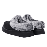 To sorte Skechers damehjemmesko med grå kunstpels og tyk sål, set bagfra