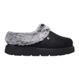 Sort Skechers damehjemmesko i ruskind-look med grå kunstpels og tyk sål, set fra siden
