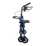 Blå Ibis rollator set fra siden i sammenklappet tilstand, der viser dens kompakte design
