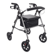 Grå Ibis rollator set skråt forfra med polstret sæde, rygbøjle og sort tekstilkurv
