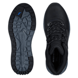 To sorte Skechers herrestøvler, den ene set oppefra og den anden viser sålens mønster