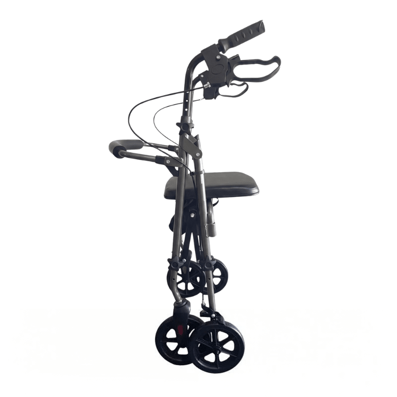Sammenklappet grå Ibis rollator set fra siden, der viser dens kompakte design