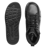 En sort New Feet herrestøvle set oppefra og en ydersål med mønster og "new feet" logo