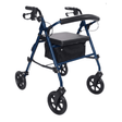 Blå Ibis rollator set skråt forfra med polstret sæde, rygbøjle og praktisk tekstilkurv under sædet