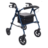 Blå Ibis rollator set skråt forfra med polstret sæde, rygbøjle og praktisk tekstilkurv under sædet