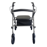 Ibis rollator i grå set direkte forfra med sort polstret sæde og rygbøjle